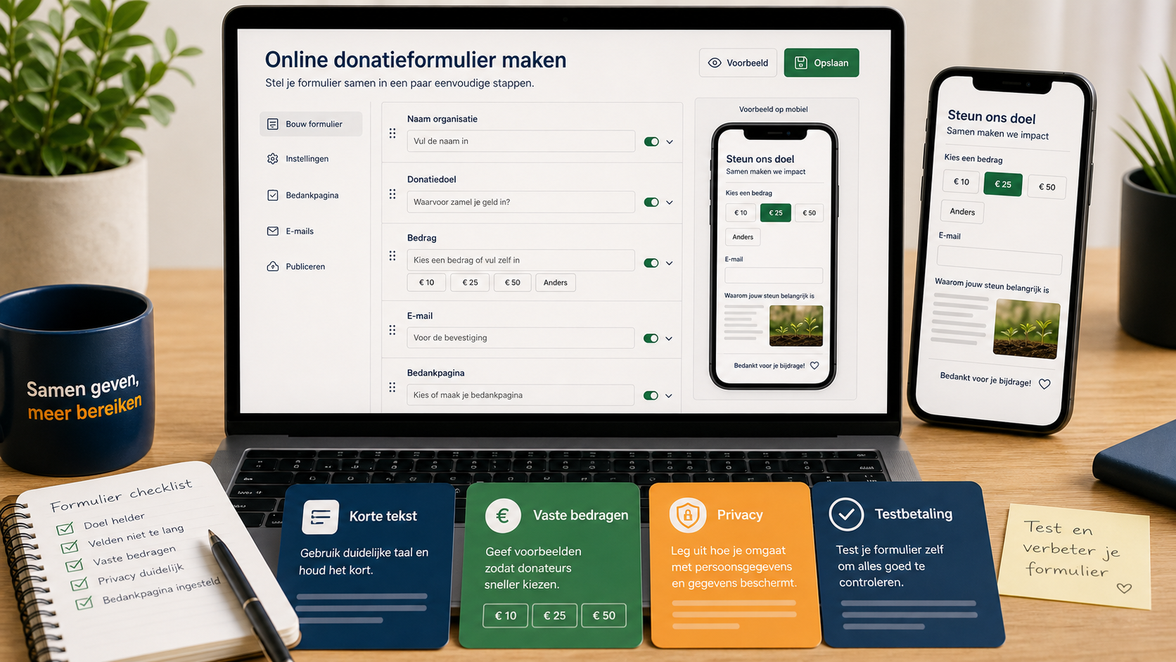 Donatieformulier maken met vaste bedragen, privacy en bedankpagina