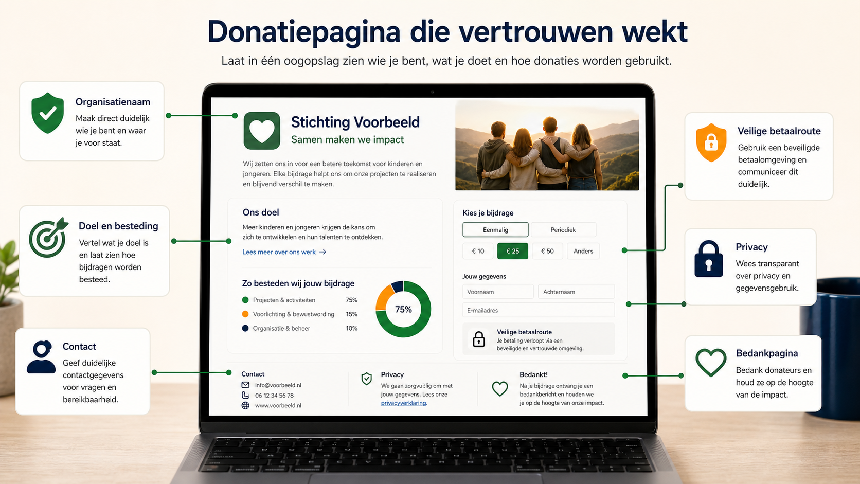 Donatiepagina die vertrouwen wekt met duidelijke organisatie en privacy