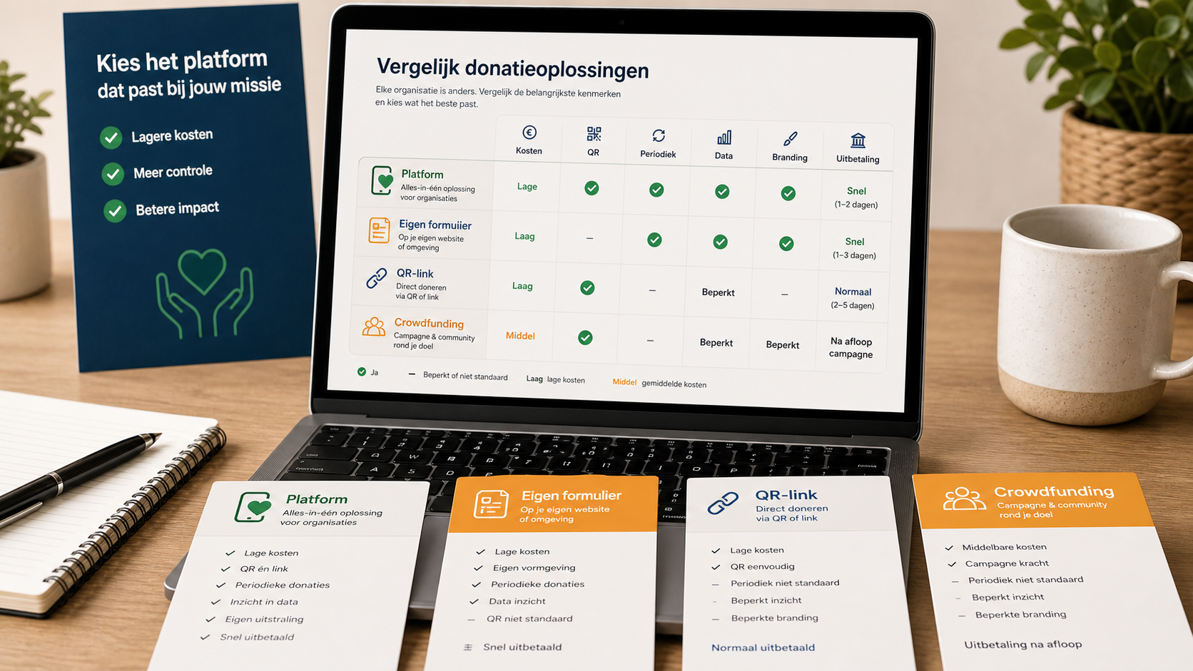 Donatieplatformen vergelijken op kosten, QR, data en branding