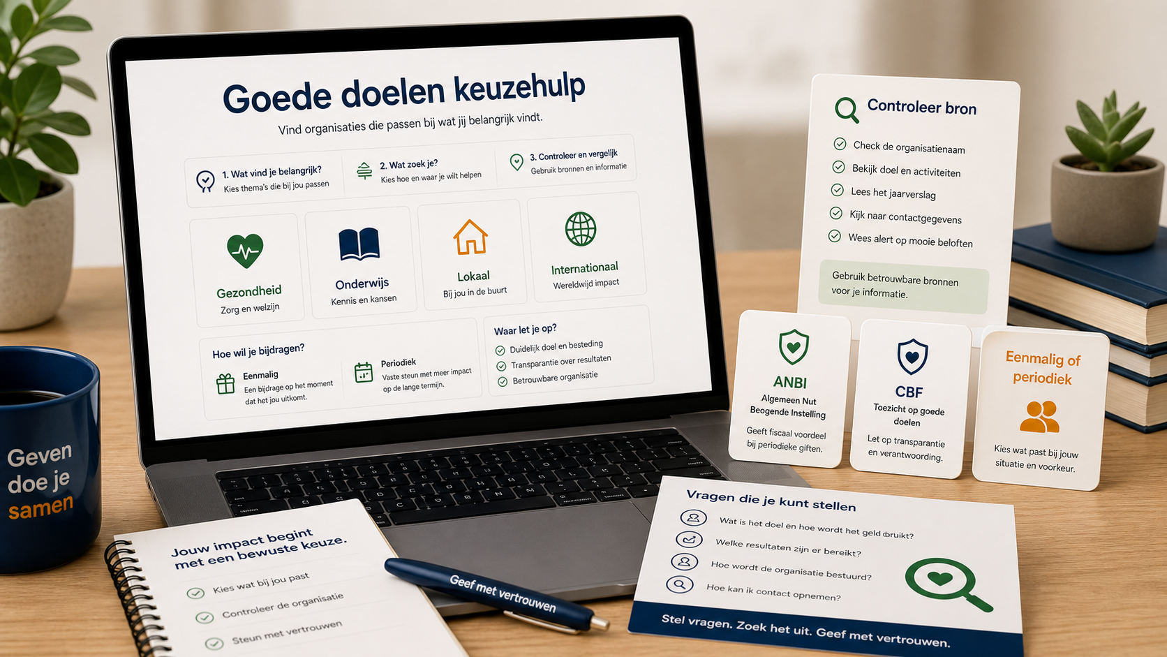 Goede doelen keuzehulp met broncontrole en donatievragen