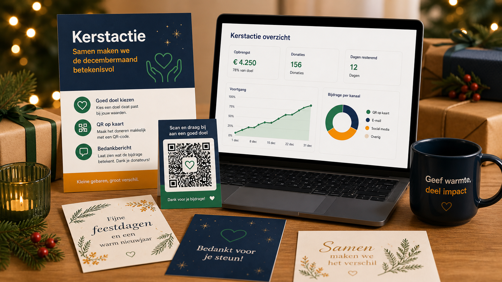 Kerstactie en kerstkaart voor een goed doel met QR-code en bedankbericht