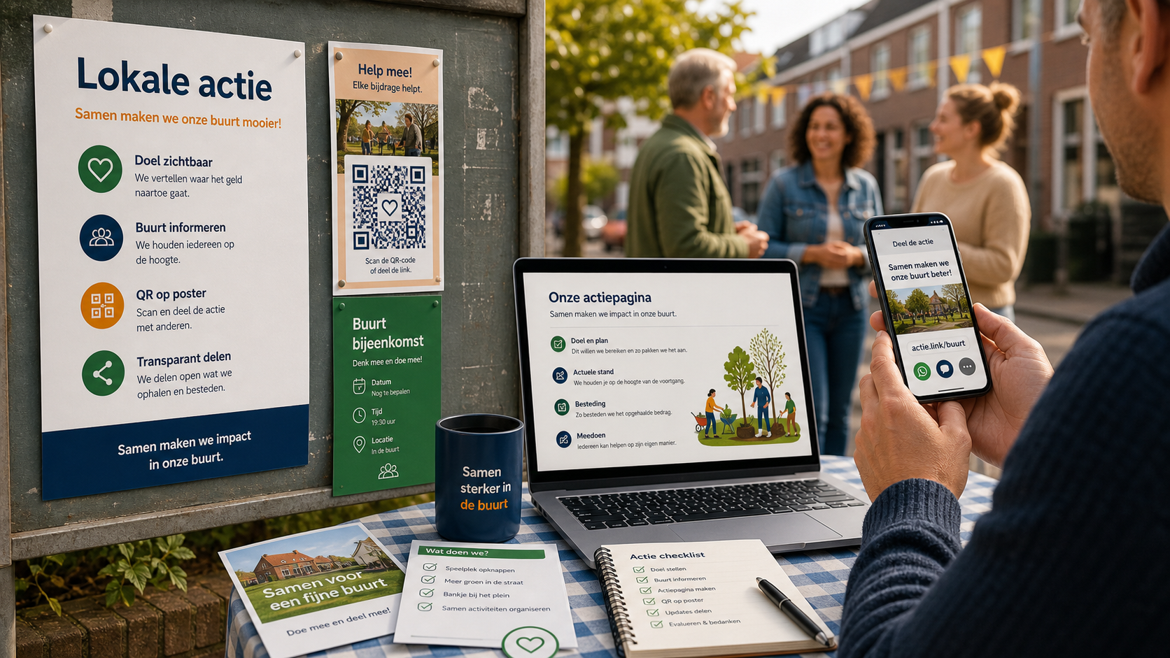 Lokale actie geld inzamelen met poster, QR-code en duidelijke bestemming