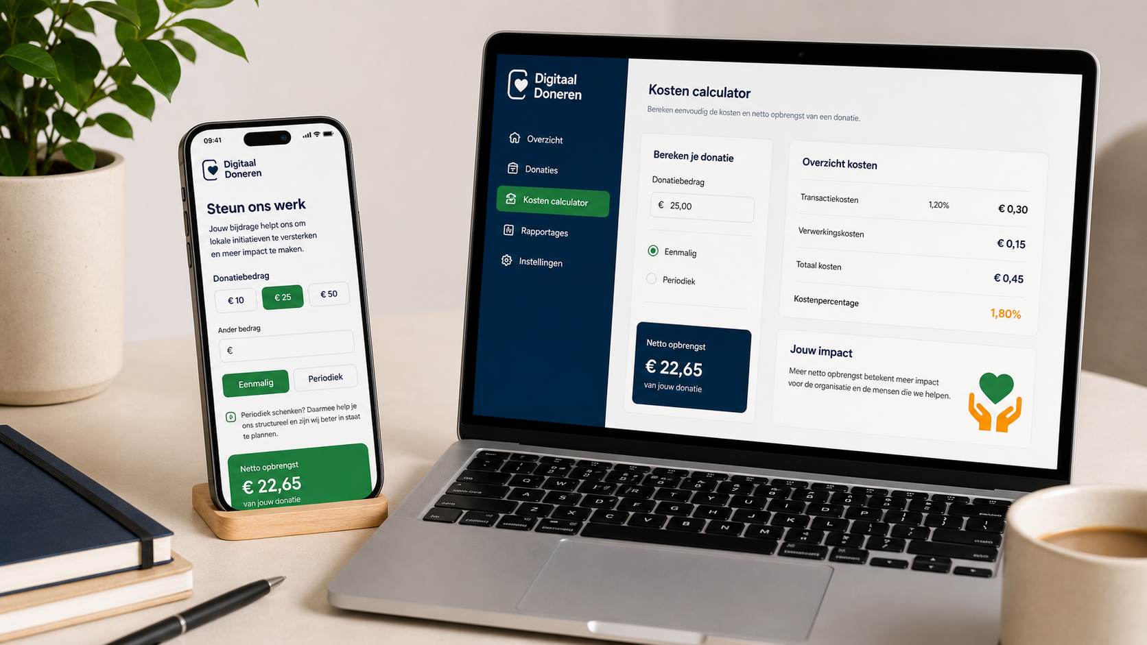 Online donatieformulier met kostenoverzicht en mobiele preview