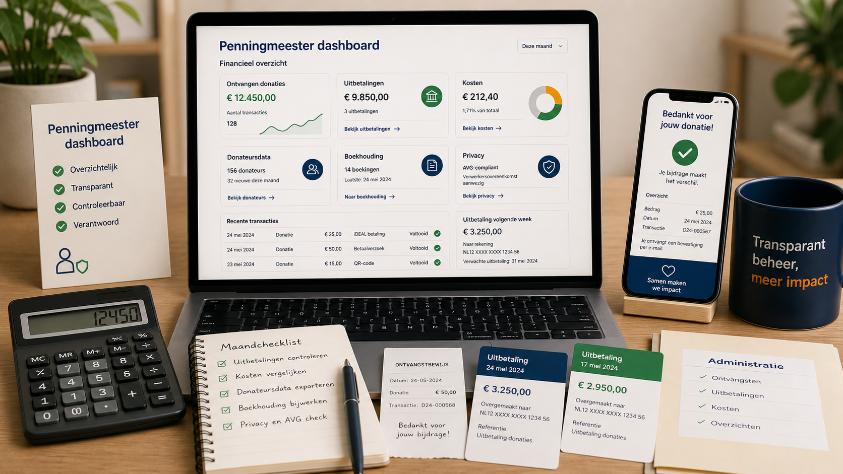 Penningmeester dashboard met uitbetalingen, kosten en administratie
