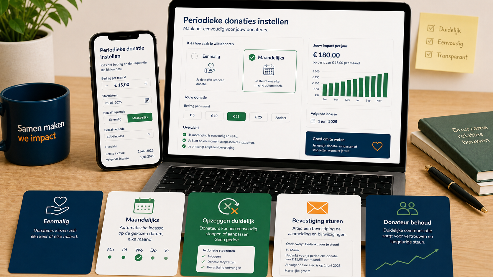 Periodieke donaties instellen met duidelijke bevestiging en opzegmogelijkheid
