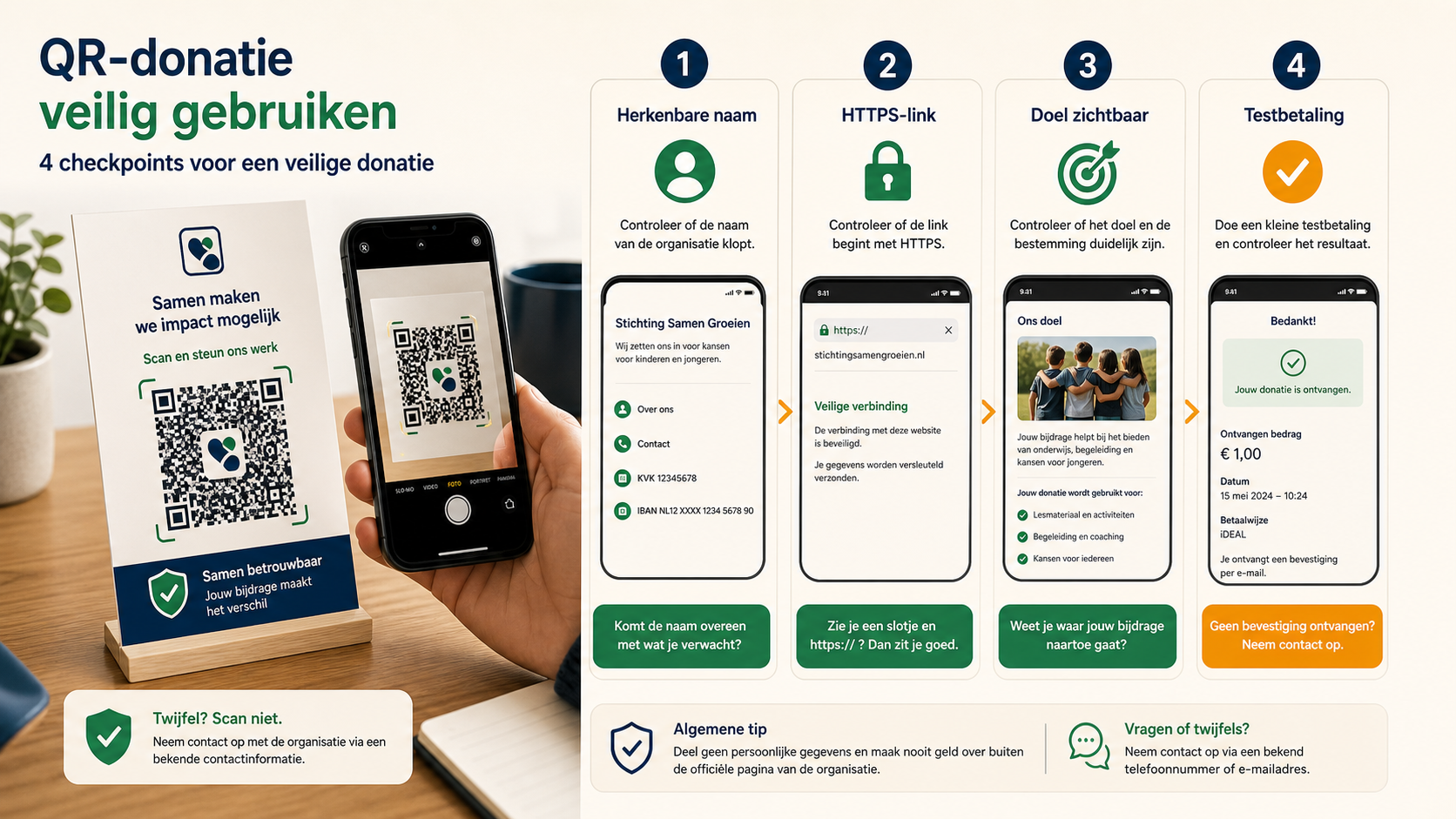 QR-donatie veilig gebruiken met herkenbare naam, HTTPS en testbetaling