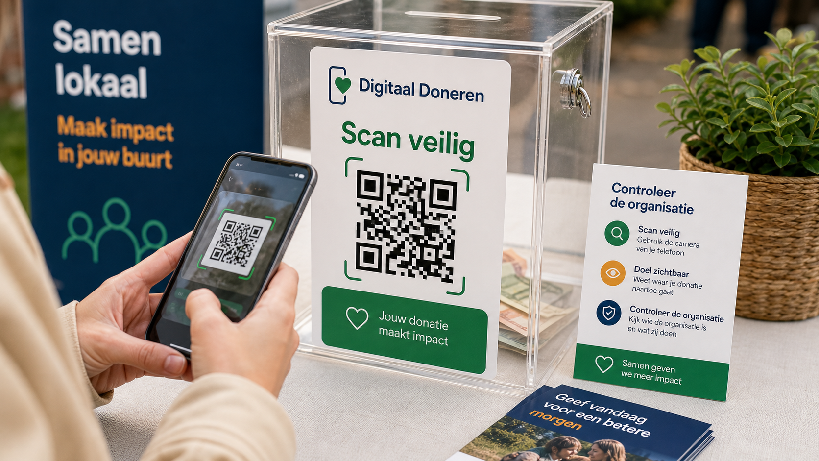 Veilige QR-donatie met herkenbare bestemming en mobiele scan