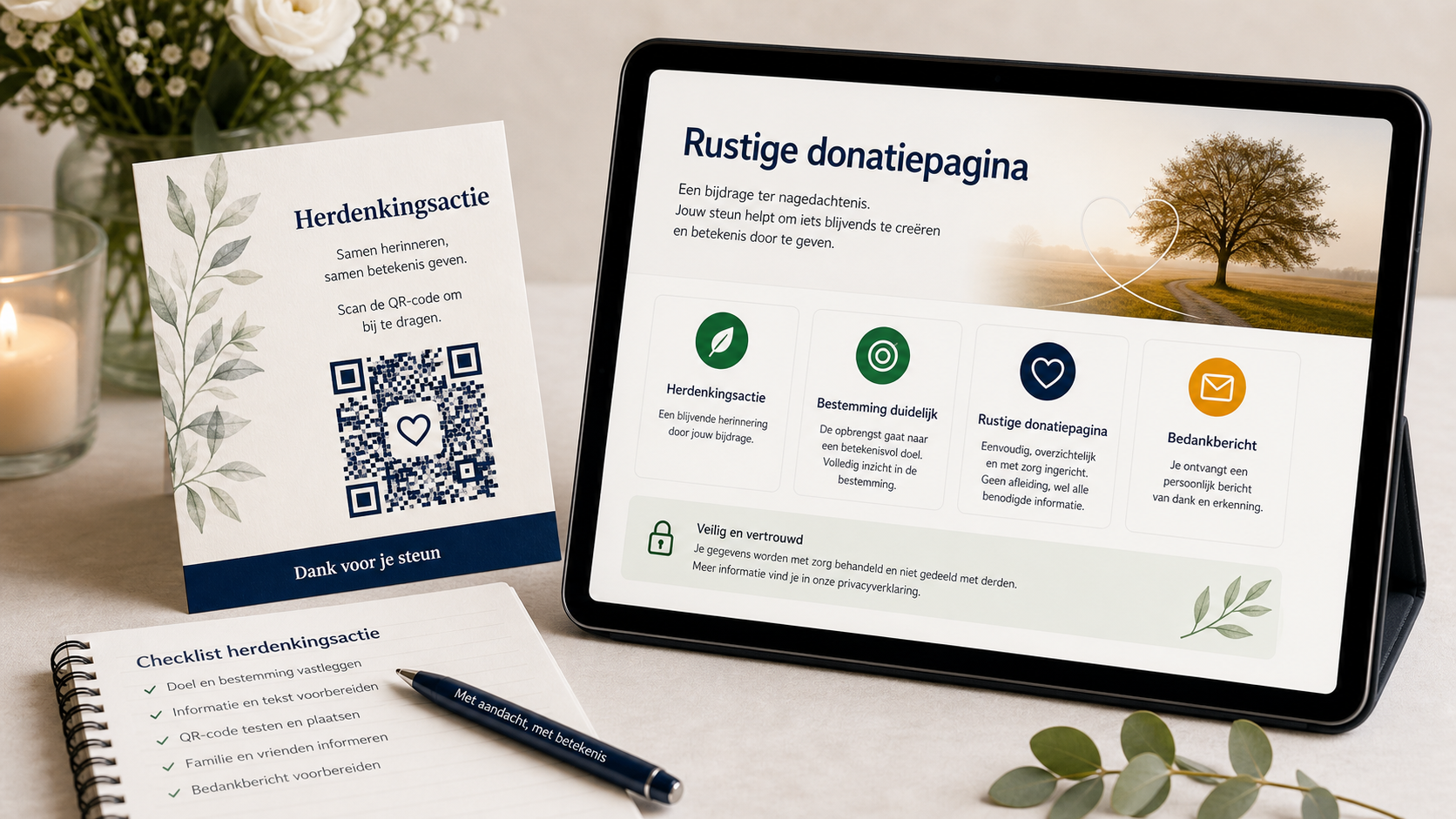 Rustige donatiepagina voor uitvaart of herdenking met duidelijke bestemming